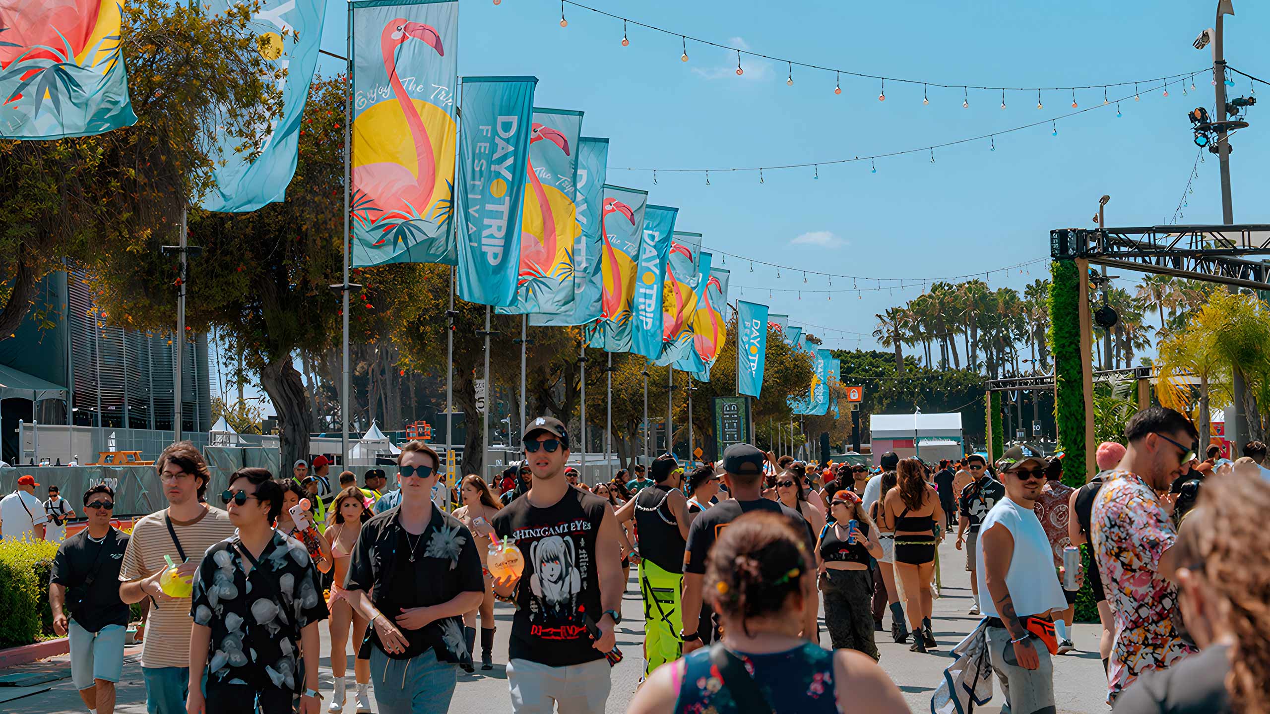 Day Trip Festival flag banners lining the entrance walk